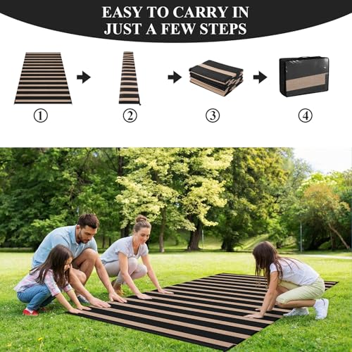 Vaukki Waterproof Outdoor Rug 5x8, Reversible Striped Patio Rug, Lightweight Plastic Straw Camping Mat, Indoor Outdoor RV Carpet for Outsides, Patio, Camping, Balcony, RV and Deck, Black and Beige