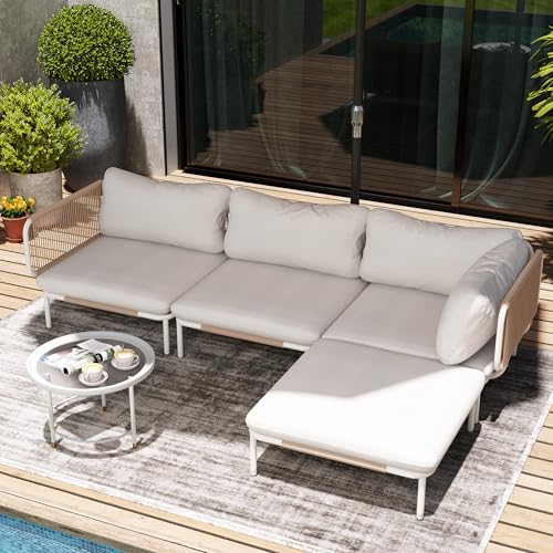 VredHom 4 Piece Modern Outdoor Sectional Sofa, 31" Oversized Patio Furniture Set with Olefin Woven Rope, Weather-Resistant Metal Frame and Removable Cushion, Beige