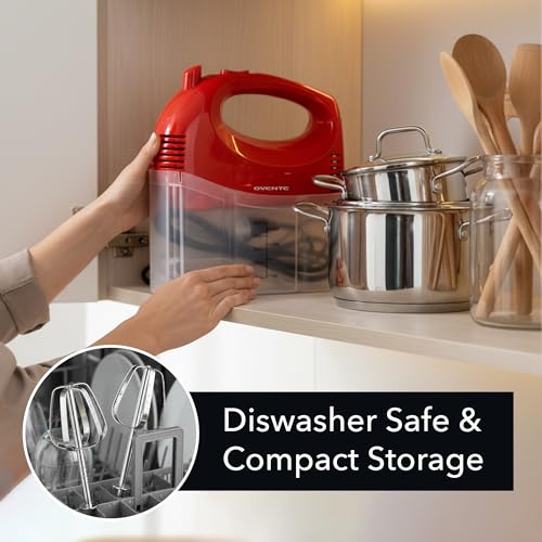 OVENTE 5-Speed Corded Electric Hand Mixer with Stainless Steel Whisks, Compact Portable Design with Snap-On Storage Case,150W Lightweight Handheld Mixer for Baking & Cooking, Red HM151R