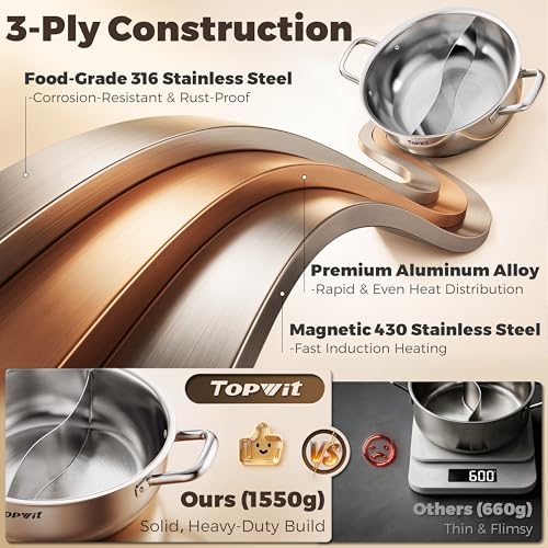 TOPWIT 3-Ply Construction 316 Stainless Steel Double-flavor Shabu Shabu Pot, 5.5QT Hot Pot with Divider, 11″ Dual Side Pot for Cooking, Hotpot for Induction Cooktop, Gas/Ceramic Cooktop, Hot Burner