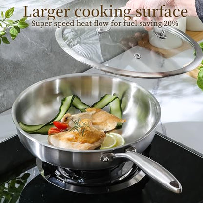 DELARLO Tri-Ply Stainless Steel Pan, 18/10 Frying Pan, Oven Safe Up to 600°F, Nontoxic Cookware, Compatible with All Cooktops Skillet, Durable, Fast Even Heat Fry Pan,9" Pan with Lid