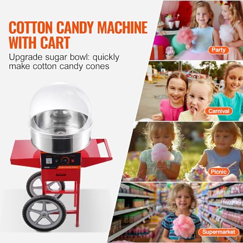VEVOR Electric Cotton Candy Machine Cart with Cover, Commercial Floss Maker w/Stainless Steel Bowl, Sugar Scoop and Drawer, Perfect for Home, Carnival, Kids Birthday, Family Party, Red