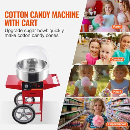 VEVOR Electric Cotton Candy Machine Cart with Cover, Commercial Floss Maker w/Stainless Steel Bowl, Sugar Scoop and Drawer, Perfect for Home, Carnival, Kids Birthday, Family Party, Red
