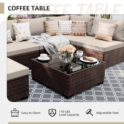 UPHA 7-Piece Wicker Patio Furniture Set with Coffee Table, Beige
