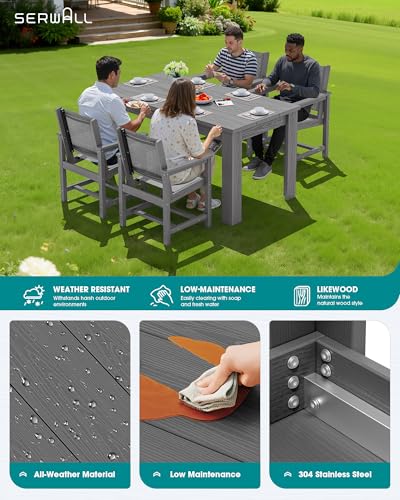 SERWALL 7 Piece Outdoor Dining Table Sets for 6 with 1 Umbrella Hole Cut-Out Rectangular Table and 6 Textilene Chairs, HDPE Dining Table Sets for Garden, Backyard, Poolside, Gray