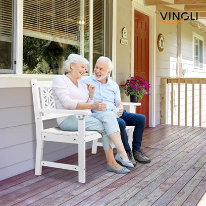 VINGLI 47" Outdoor Wood Bench, All Weather Outdoor Wooden Patio Garden Bench, Outside Loveseat 660lbs Capacity for Front Porch Park Entryway (White)