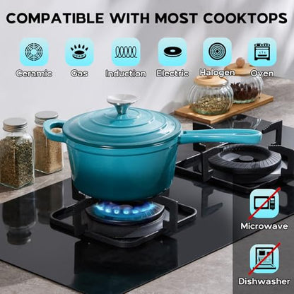 Onader 1QT Saucepan with Lid, Enameled Cast Iron Sauce Pan, Small Cast Iron Pot for Cooking, Enameled Dutch Oven Nonstick & Heavy Duty – Dark Cyan