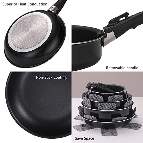 Xeeyaya 16 Pieces Kitchen Removable Handle Cookware Sets, Stackable Pots and Pans Set Nonstick for Induction Gas RVs Camping Space Saving