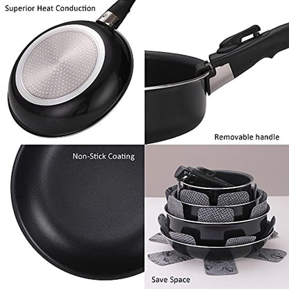 Xeeyaya 16 Pieces Kitchen Removable Handle Cookware Sets, Stackable Pots and Pans Set Nonstick for Induction Gas RVs Camping Space Saving