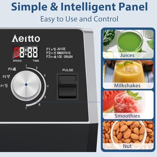 Aeitto Blenders for Kitchen 1800W Professional Countertop Blender, 68Oz Large Capacity Smoothie Blender with 3 Programs & 7 Speeds for Smoothies, Ice Crush, Frozen Drinks, Black