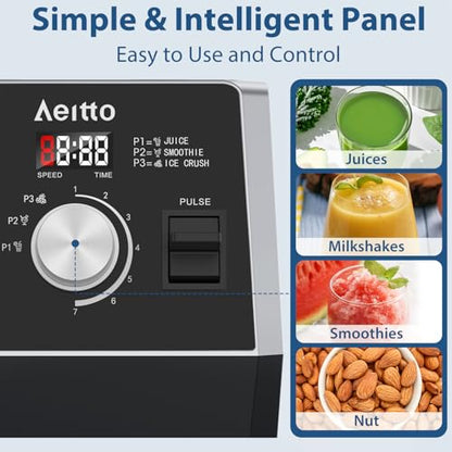 Aeitto Blenders for Kitchen 1800W Professional Countertop Blender, 68Oz Large Capacity Smoothie Blender with 3 Programs & 7 Speeds for Smoothies, Ice Crush, Frozen Drinks, Black