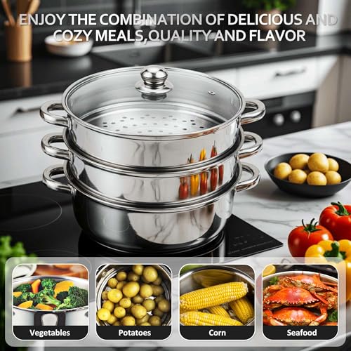 AuFranc® 5 Quart Steamer for Cooking - Stainless Steel Steam Pot with Steamer Basket, Multipurpose Cooking Stock Pot with Tempered Glass Lid, Non-Toxic Cookware for Slow Cooking and Steaming (Silver)