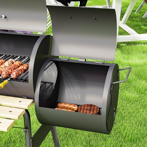 Outsunny Charcoal Grill with Offset Smoker, 231 Sq.In. Cooking Area, Barrel BBQ Grill and Smoker Combo with Side Tables, Shelf, Thermometer, Wheels for Outdoor Patio Backyard Party Event Gathering