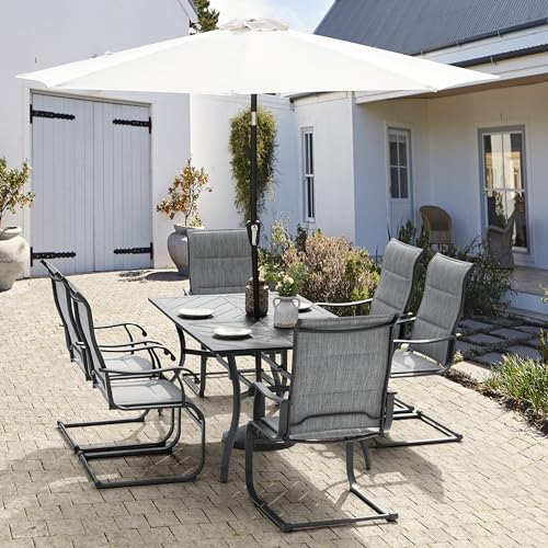NUU GARDEN 7 Piece Outdoor Dining Set, 6 All Weather Padded Textilene Patio Chairs and 61" Rectangular Dining Table with 1.77" Umbrella Hole, for Garden, Patio, Light Grey and Black