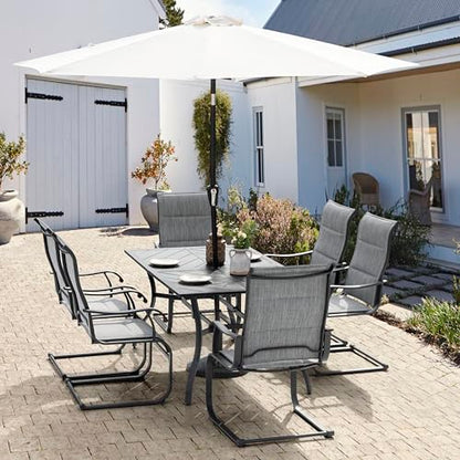 NUU GARDEN 7 Piece Outdoor Dining Set, 6 All Weather Padded Textilene Patio Chairs and 61" Rectangular Dining Table with 1.77" Umbrella Hole, for Garden, Patio, Light Grey and Black