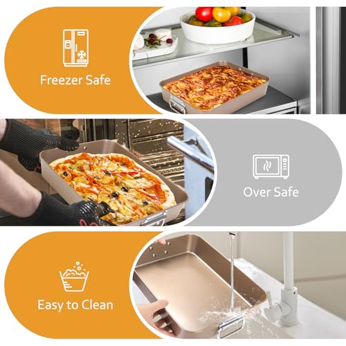 Roasting Pans with Handles, Bakeware Nonstick Steel Roaster with Flat Rack, Lasagna Pan 3 Inch Deep Baking Pan for Oven, Rectangle Cake Pans, Heavy Duty, Dishwasher Safe, 2 Pcs 13.7"16", Gold