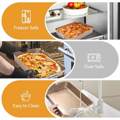 Roasting Pans with Handles, Bakeware Nonstick Steel Roaster with Flat Rack, Lasagna Pan 3 Inch Deep Baking Pan for Oven, Rectangle Cake Pans, Heavy Duty, Dishwasher Safe, 2 Pcs 13.7"16", Gold