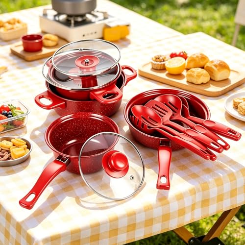 Non-Stick Cookware Set, 13 Piece Set Portable Lightweight Cast Iron Pots and Pans with Glass Lids and Nylon Utensils for Outdoor Camping Picnic Travel Cookware Red