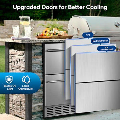 FoMup Under Counter Beverage Refrigerator 24 Inch, Outdoor Drawer Fridge Stainless Steel with Temperature Control for Home, Outdoor Patio and Commercial Use