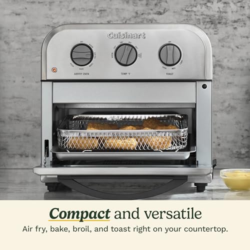 Cuisinart Compact Air Fryer Toaster Oven, Stainless Steel Fryer with 6-in-1 Functions, Adjustable Temperature, Includes Oven Rack, Baking Pan and Air Fry Basket, TOA-26