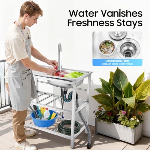 DYRABREST 75x40x78cm Outdoor Kitchen Sink with Workstation, Heavy-Duty Stainless Steel Freestanding Sink with 2-Tier Storage Racks, 360° Swivel Faucet, Adjustable Feet for Backyards, Cafes