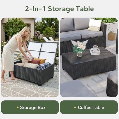 Aoxun Patio Furniture Set with Fire Pit Table, 7 Seats Piece Outdoor Furniture Set with Wicker Ottomans, Rattan Outdoor Sectional Sofa with Storage Table & Waterproof Cover Grey