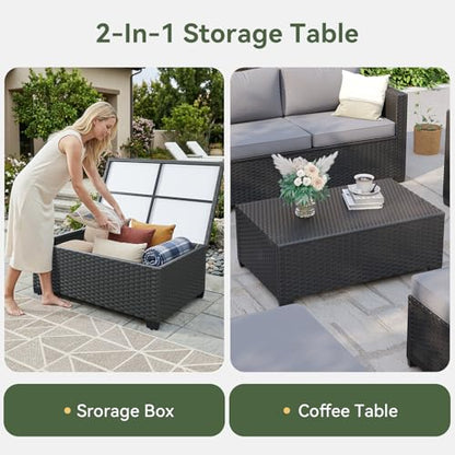 Aoxun Patio Furniture Set with Fire Pit Table, 7 Seats Piece Outdoor Furniture Set with Wicker Ottomans, Rattan Outdoor Sectional Sofa with Storage Table & Waterproof Cover Grey