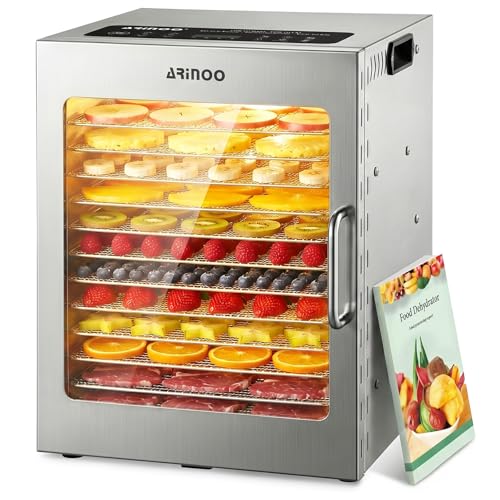 ARINOO Food Dehydrator Machine with 12 Stainless Steel Trays, 48H Timer
