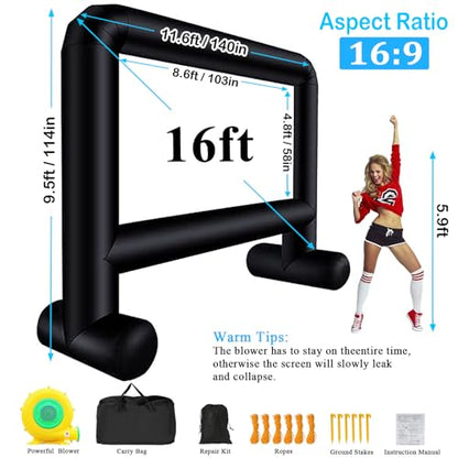 16FT Inflatable Movie Screen Outdoor, Blow up Projector Screen Support Front & Rear Projection for Backyard Outdoor Movie Night Barbecue Pool Party with Blower and Carry Bag