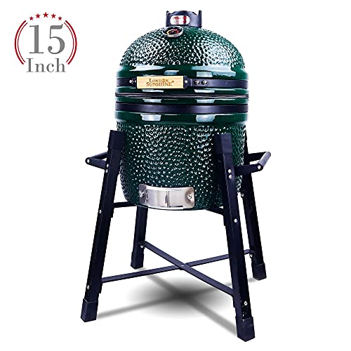 London Sunshine Ceramic Kamado Charcoal BBQ Grill and Smoker, Stainless Steel Grates -15" Ceramic with Tall Stand (GREEN)
