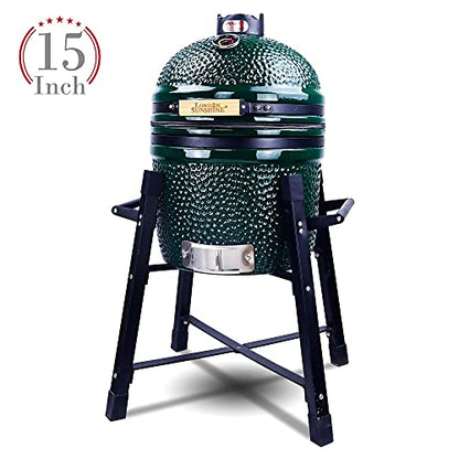 London Sunshine Ceramic Kamado Charcoal BBQ Grill and Smoker, Stainless Steel Grates -15" Ceramic with Tall Stand (GREEN)