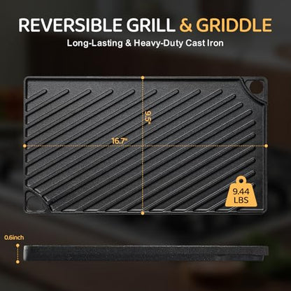 EWFEN Reversible Grill/Griddle, 16.7x9.5'' Pre-Seasoned Cast Iron Griddle Pan, Double Burner Cookware, Rectangular Non-Stick Stovetop Griddle with Handles, Flat Top Plate for Oven, Grill & Campfire