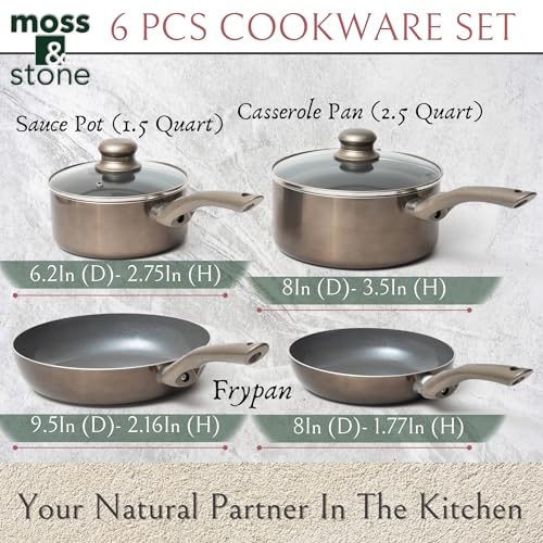 Moss & Stone 6 Pcs Dark Grey Nonstick Cookware Set, Pots And Pans Set Non stick With Glass Lid, Induction Cookware, Stay-Cool Handle PTFE/PFOA Kitchen Pots 6-Piece with Frying Pans & Saucepan