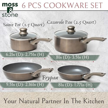 Moss & Stone 6 Pcs Dark Grey Nonstick Cookware Set, Pots And Pans Set Non stick With Glass Lid, Induction Cookware, Stay-Cool Handle PTFE/PFOA Kitchen Pots 6-Piece with Frying Pans & Saucepan