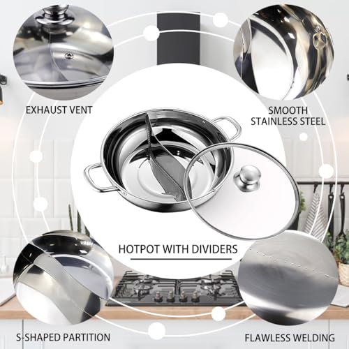 Stainless Steel Shabu Hot Pot 11.8Inch Divided Hot Pot Pan,Dual Sided Soup Cookware Cooking Pot with Divider Induction Cooktop Gas Stove