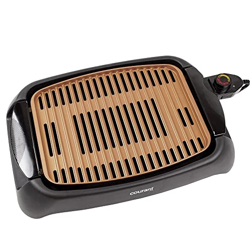 Courant smokeless indoor Electric grill, Copper Non-stick Coating Extra Large and Adjustable Temperature Control, Grill BBQ, Table Top Indoor Grill