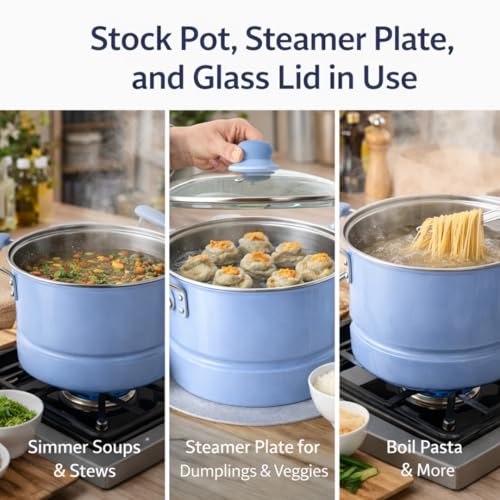 Alpine Cuisine 20- Quart Stock Pot with Lid, Aluminum Cooking Pot with Gray Ceramic Nonstick Coating, Steamer Insert for Soup, Pasta, Stews, and Dumplings, Chambray Blue