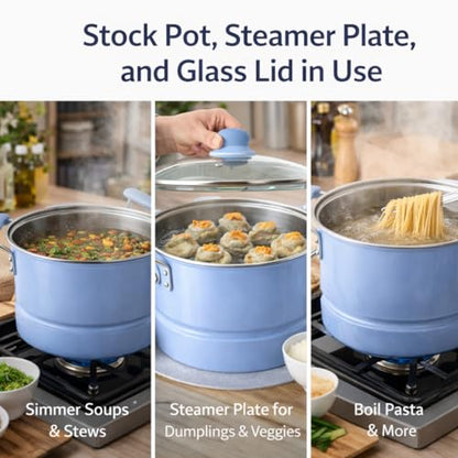 Alpine Cuisine 20- Quart Stock Pot with Lid, Aluminum Cooking Pot with Gray Ceramic Nonstick Coating, Steamer Insert for Soup, Pasta, Stews, and Dumplings, Chambray Blue