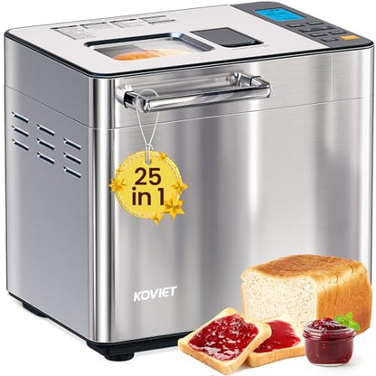 KOVIET 25-in-1 Bread Maker Machine with Automatic Dual Dispenser, 2LB Stainless Steel Breadmaker with Gluten-Free, Dough, Jam, Yogurt etc Settings, Silver