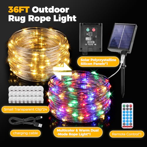 Sumapner Solar LED Rope Light for Outdoor Rugs, 36FT Patio Rug Lights with Warm White & Multicolor, 13 Modes, Solar & USB Rechargeable, Remote Timer, IP67 Waterproof, 24 Rug Clips Included