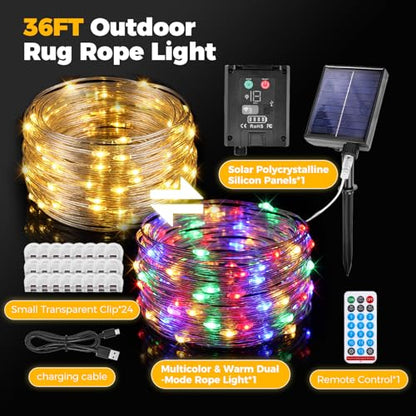 Sumapner Solar LED Rope Light for Outdoor Rugs, 36FT Patio Rug Lights with Warm White & Multicolor, 13 Modes, Solar & USB Rechargeable, Remote Timer, IP67 Waterproof, 24 Rug Clips Included