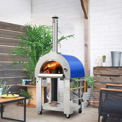 KOSTCH 32.5 inch Wood Fired and Propane Gas Pizza Oven for Outdoor Kitchen in Stainless Steel, Large Pizza Oven for Outside, Yard and Party (Blue with Cover)