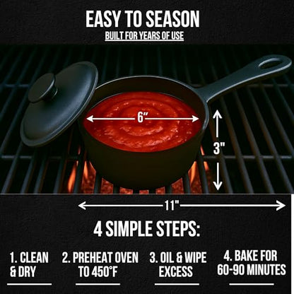 1 QT Cast Iron Sauce Pot with Lid & Wood Brush for Basting, Melting, Simmering Sauce, Butter & Cheese - Built for Cooking, Grilling & Camping - 932°F Max Even Heat Distribution - Professional Grade
