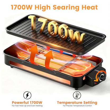 Electric Indoor Grill 1700W 2 in 1 Smokeless Griddle Grill Pan for Kitchen