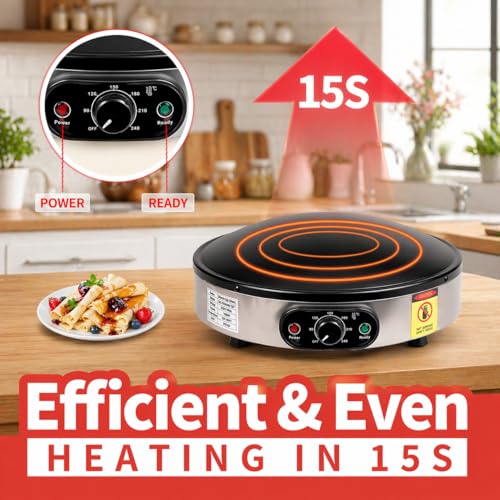 SuYiFan Crepe Makers, 16-Inch Electric Roti and Tortilla Maker, 1600W Large Non-Stick Convex Dome Griddle, Commercial Grade Saj Bread Maker & Crepe Machine, Adjustable Temp up to 460°F,Stainless Steel