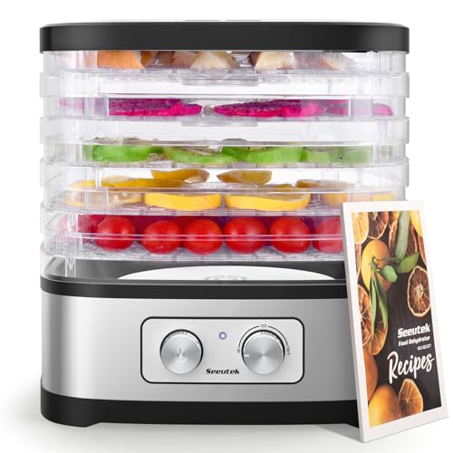 Seeutek Food Dehydrator, 5 BPA-Free Trays Food Dehydrator Machine with Adjustable Temperature Control for Beef Jerky, Fruits, Vegetables, Includes Recipe Book & 4 Reusable Storage Bags