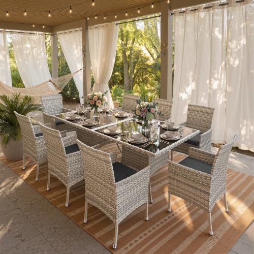 10-Piece Patio Dining Set, 2 Tempered Glass Tables & 8 Wicker Chairs