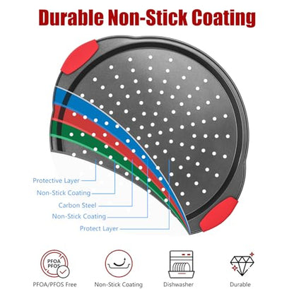 YIDAZLE Pizza Pan for Oven (2 PACK), Pizza Baking Trays with Pizza Cutter, Non-Stick Pizza Baking Pan with Perforated Holes and Silicone Handle, Oven & Dishwasher Safe Carbon Steel