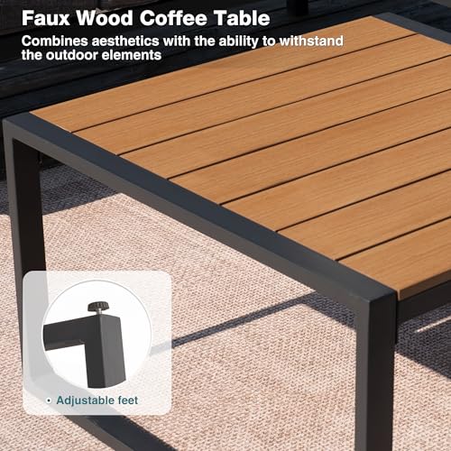 COMLAX FIELD Metal Patio Furniture Set, 6 Pieces Outdoor Sectional Sofa Set with Side Table, L Shape Patio Conversation Set with Faux-Wood Tabletop, Outdoor Couch for Balcony, Porch, Backyard,Beige