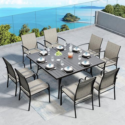 SUNSHINE VALLEY Patio Dining Set for 8, 60" x 60" Square Metal Table with Umbrella Hole, 8 x Stable Brown Dining Chairs, Outdoor Table and Chairs Set for Lawn Backyard and Deck